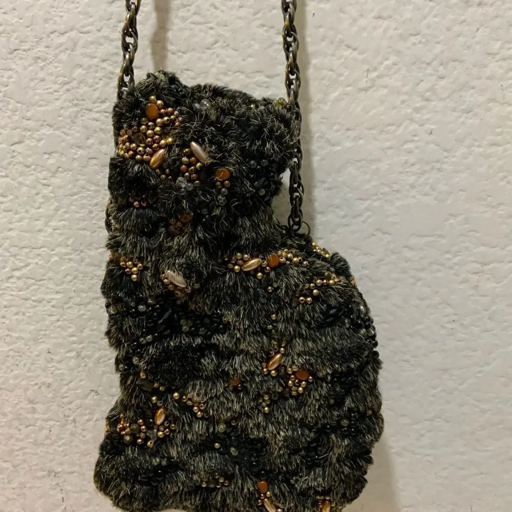MARY FRANCES Beaded Cat Purse handbag with chain strap